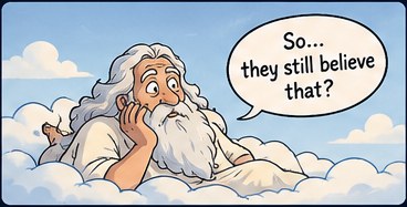 Colorful cartoon of God resting on a cloud, wondering whether people still believe