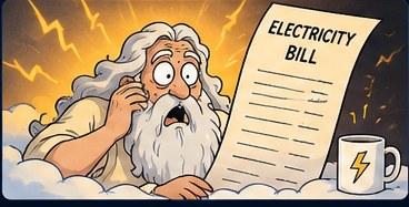 Colorful cartoon of God and an angel confronting the cost of keeping the lights on