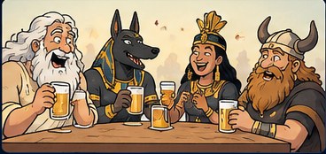 Colorful cartoon of gods from different mythologies relaxing together